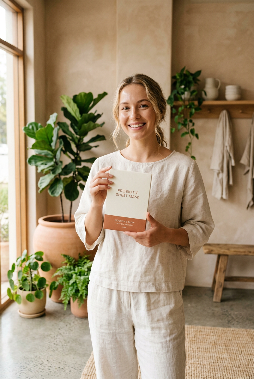 Model Holding BiomeBalance Probiotic Mask - Wellness Lifestyle