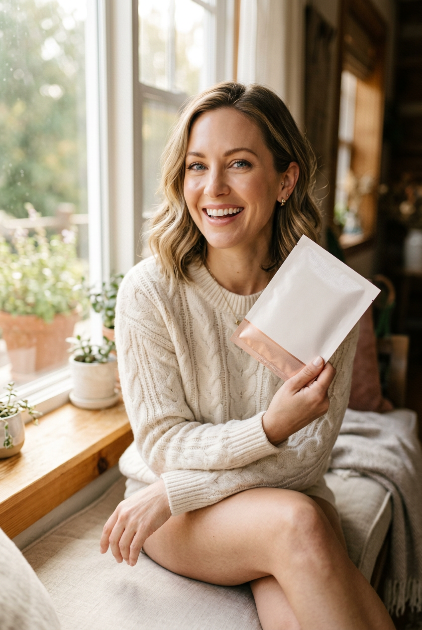 European American model holding face mask - window daylight