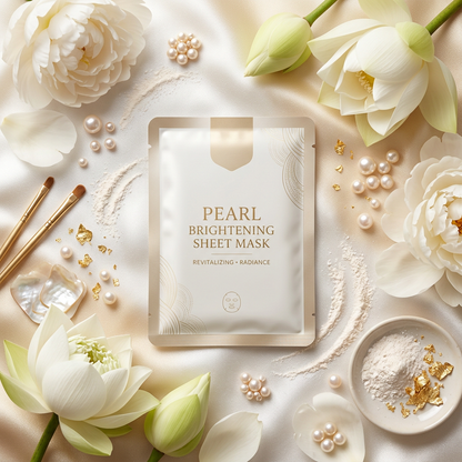 PearlLux Porcelain Glow Mask - Flat Lay with Pearl Ingredients