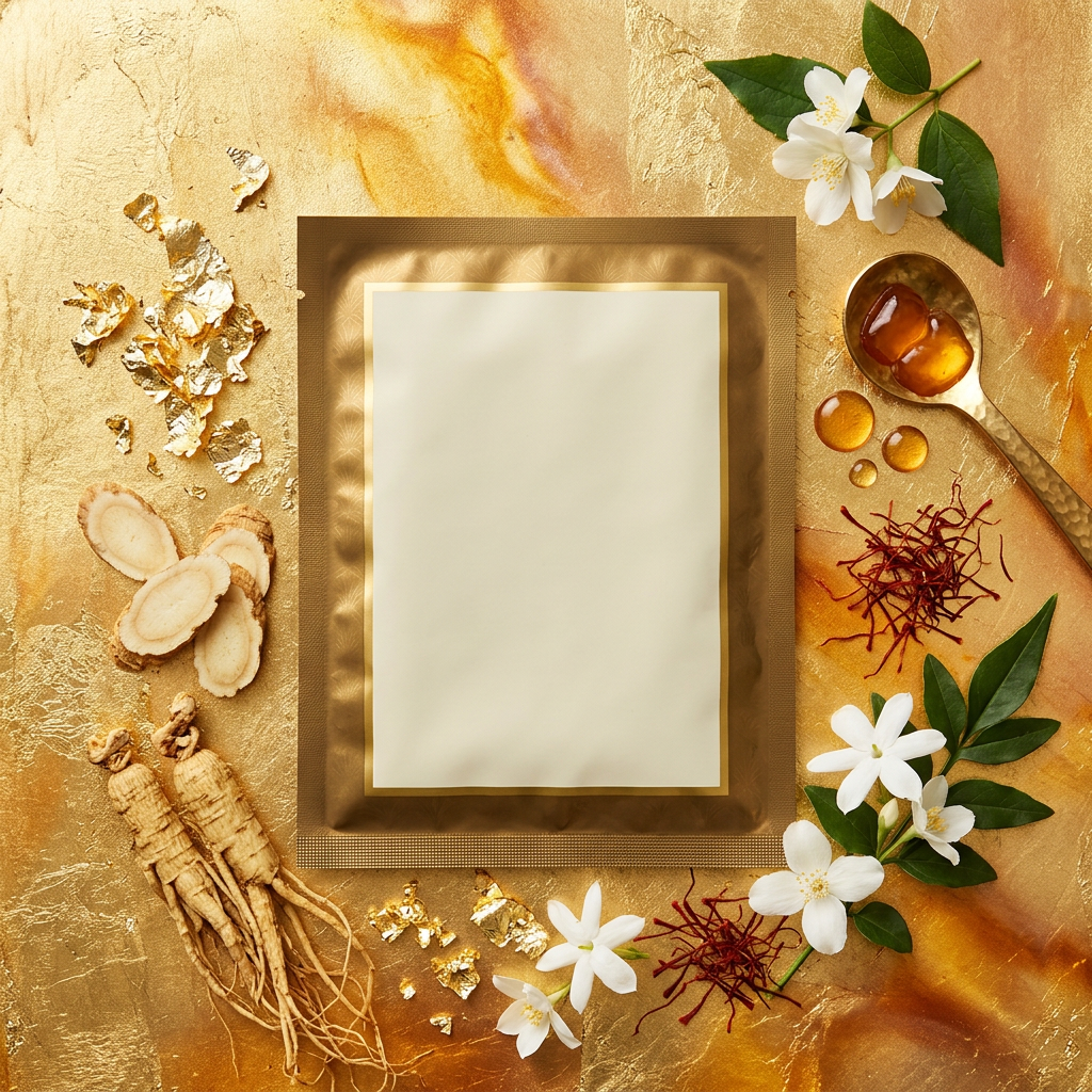 AurorGold 24K Mask - Flat Lay with Gold Ingredients