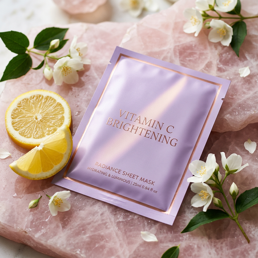Lumière Brightening Sheet Mask - Hero Shot on Pink Quartz