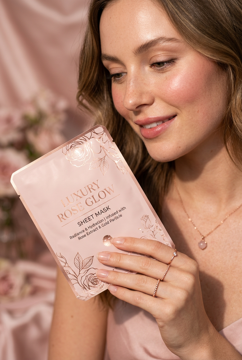 Model Holding RoseBloom Mask - Studio Lifestyle