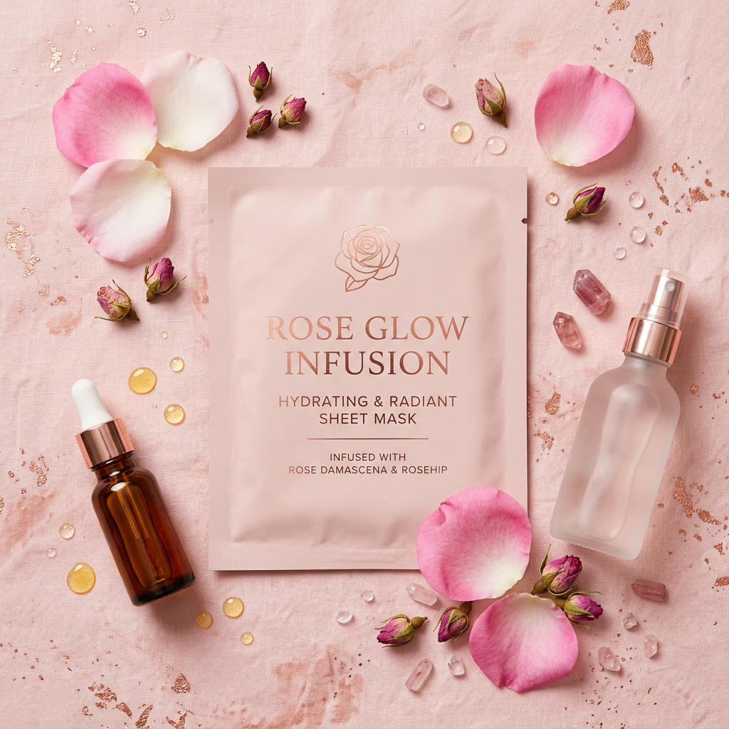 RoseBloom Radiance Mask - Flat Lay with Rose Ingredients