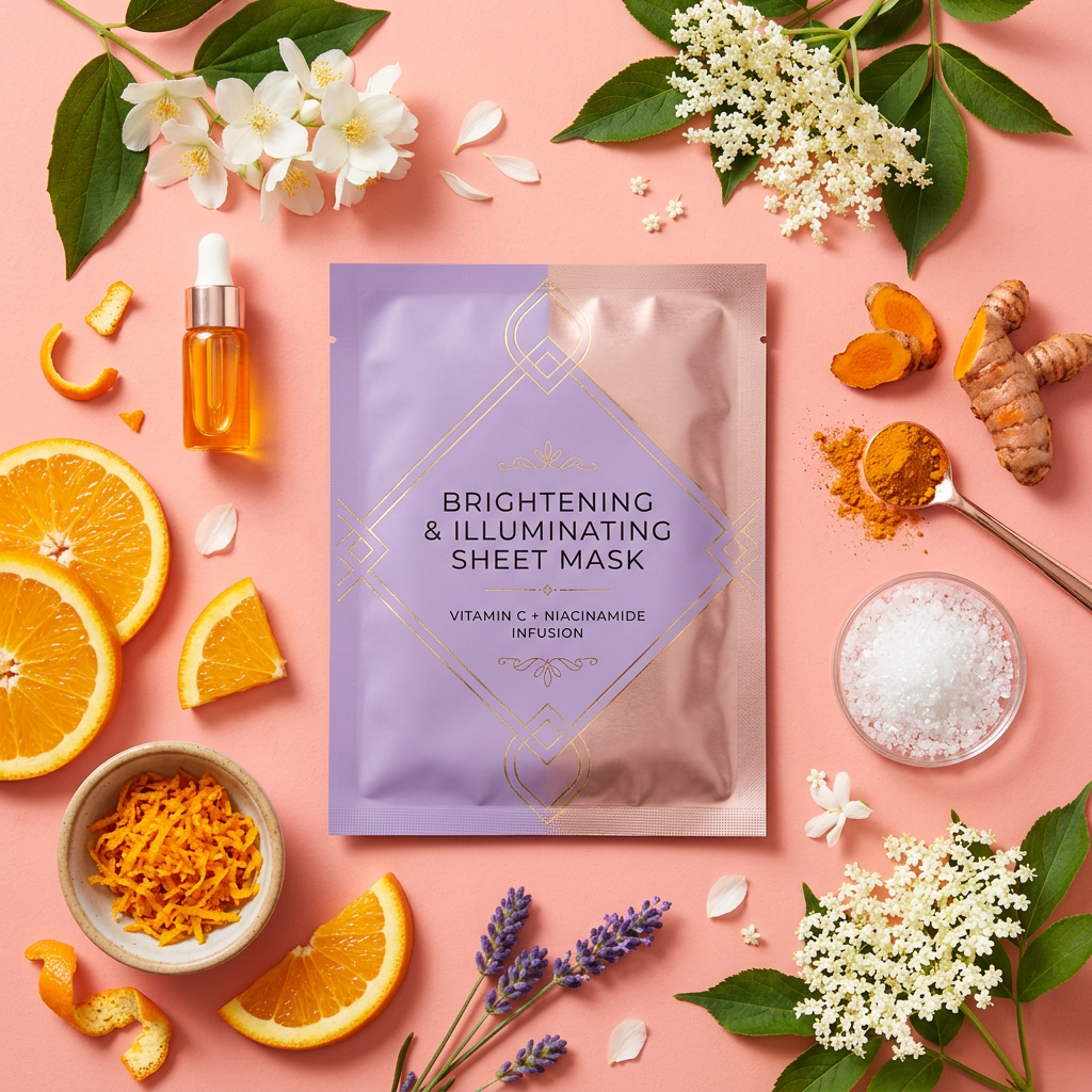 Lumière Brightening Sheet Mask - Flat Lay with Vitamin C Ingredients