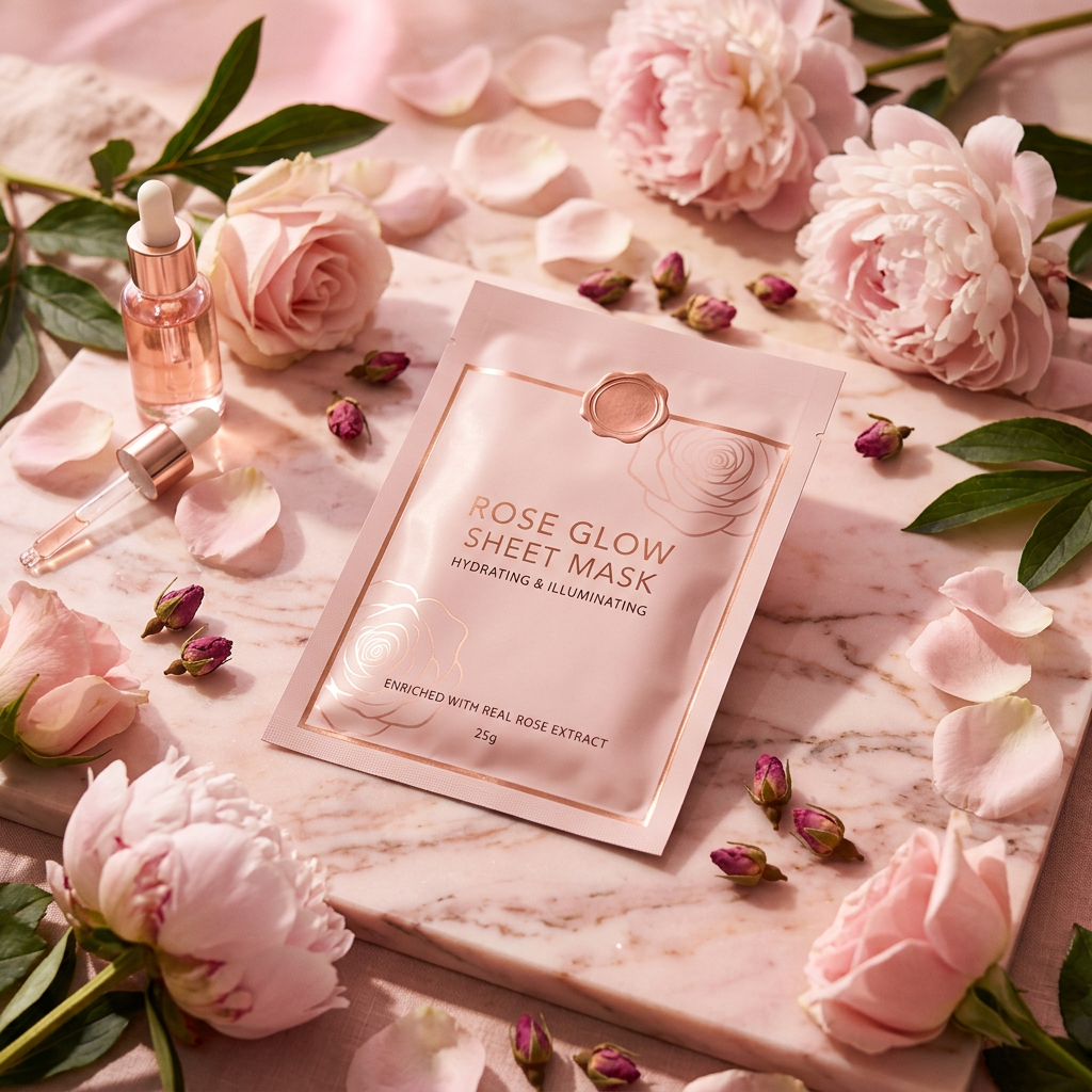 RoseBloom Radiance Mask - Hero Shot on Pink Marble