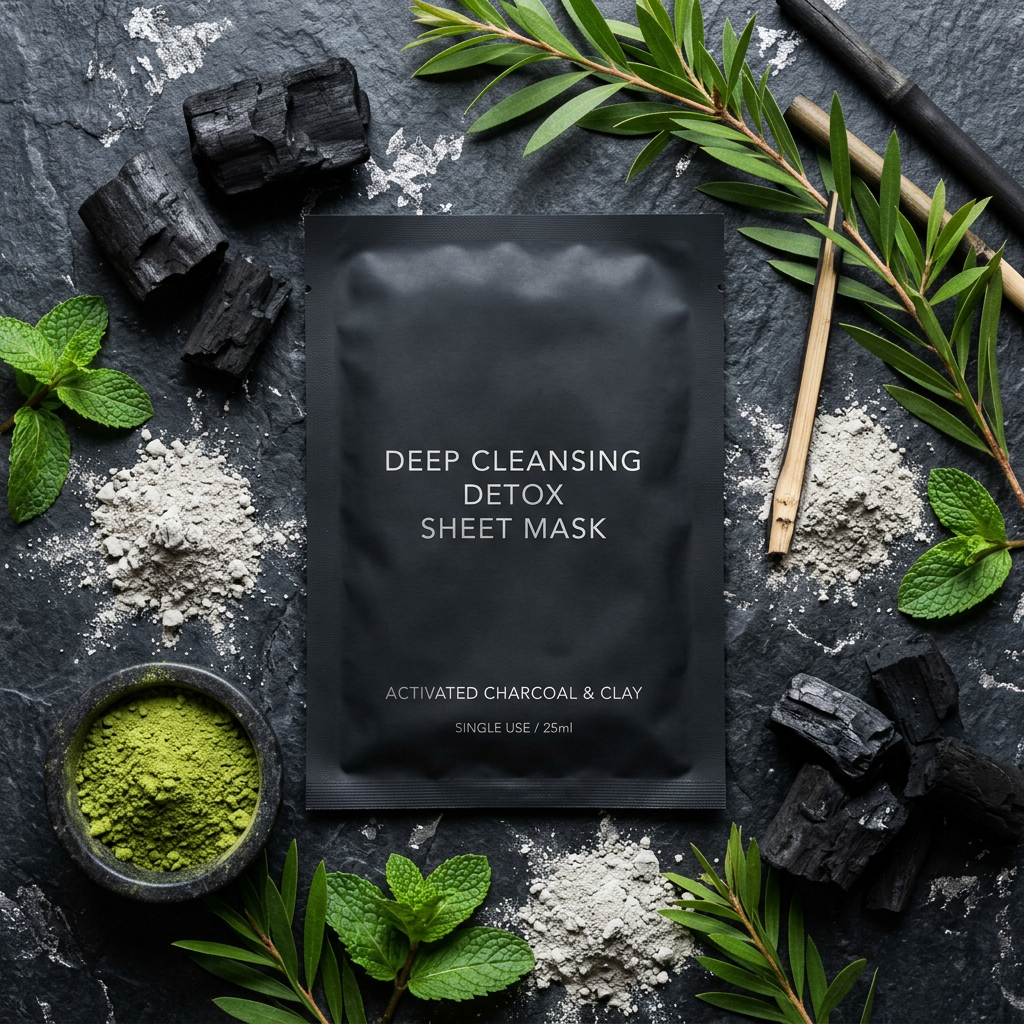 PureChar Detox Sheet Mask - Flat Lay with Charcoal Ingredients
