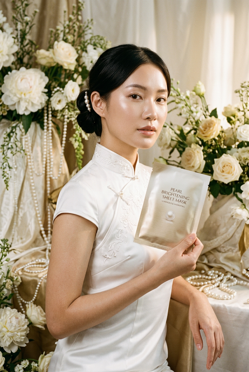 Asian Model Holding PearlLux Mask - Oriental Luxury Lifestyle