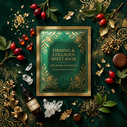 Aurum Firming Sheet Mask - Flat Lay with Collagen Ingredients