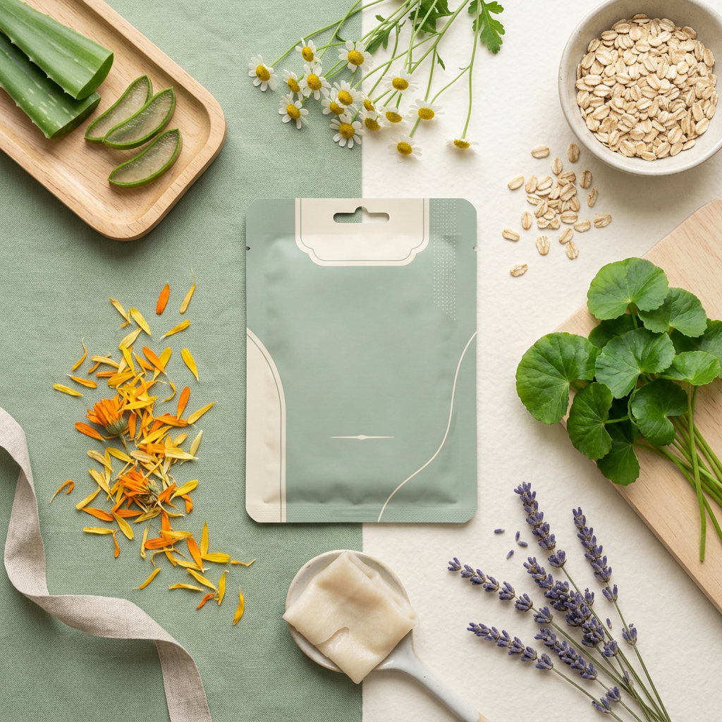 CalmaBotanica Soothing Mask - Flat Lay with Botanical Ingredients