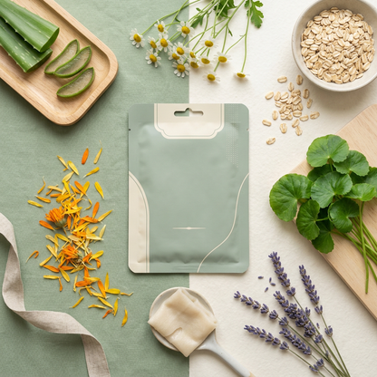 CalmaBotanica Soothing Mask - Flat Lay with Botanical Ingredients