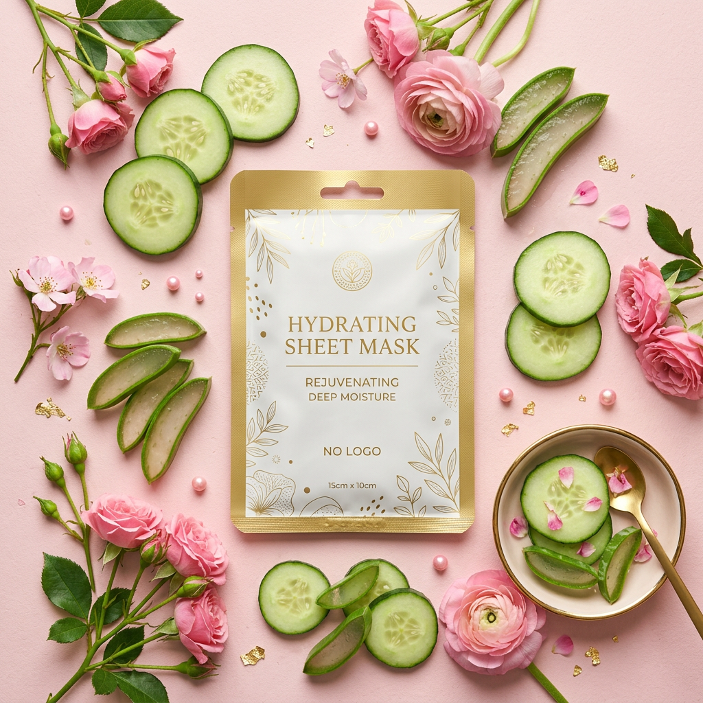 Sheet Mask Flat Lay with Ingredients